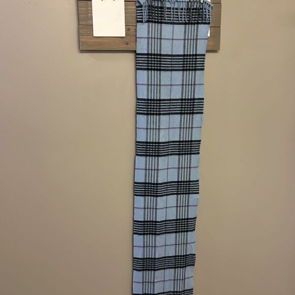 100% Cashmere Unisex Blue Plaid Tassel Winter Scarf 72” by 12.5” - Picture 8 of 12